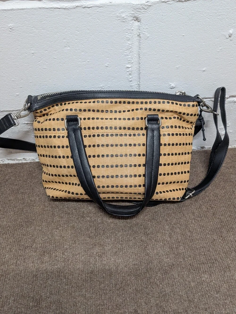 FOSSIL Women's Dawson Satchel Textile Black & Tan Polka Dot Purse Bag